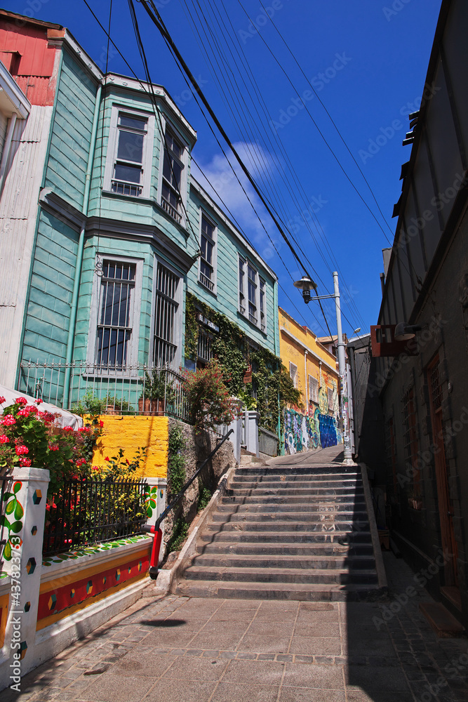The vintage street with art in Valparaiso, Pacific coast, Chile