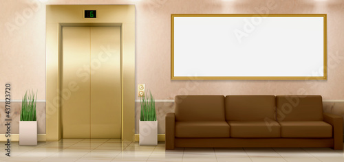 Lobby interior with gold lift doors, couch and empty banner, hall with closed elevator, couch and potted plants on tiled floor. Office or hotel luxury indoor area, Realistic 3d vector Illustration