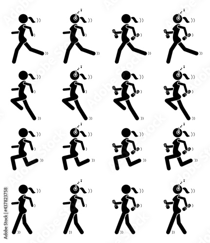 Woman exercise in different poses. Black stick figures exercising. Vector print illustration
