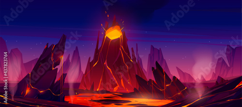 Volcano eruption with steaming magma flow down from volcanic mouth. Nature disaster, apocalypse background with glowing hot liquid drain from rock under starry sky, Cartoon Vector illustration