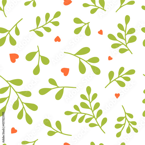 Seamless pattern  of leaves (Ruta graveolens) twigs and red hearts. Hand drawn doodle fabric, gift wrap, wall art design.