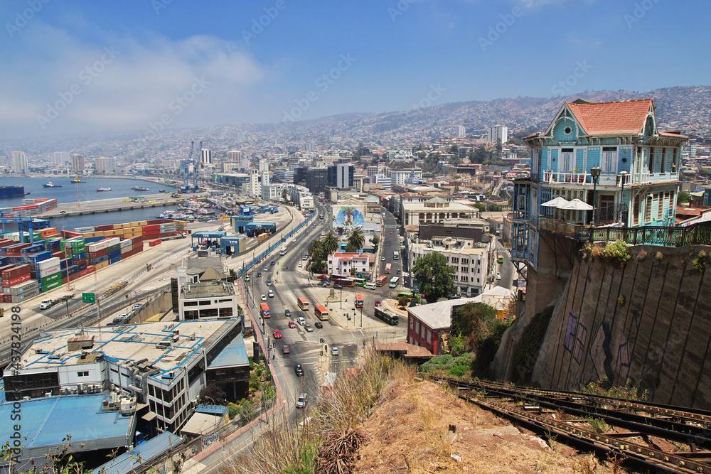 Panoramic view of the center of Valparaiso, Pacific coast, Chile