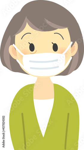 イラスト素材:年配の女性が感染症対策でマスクを着用する姿
