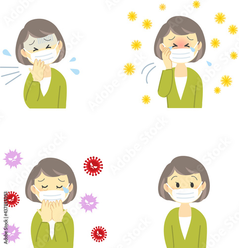 イラスト素材:年配女性のマスク姿セット、咳をする、花粉症で目が痒くて苦しむ、ウィルスに怯える
