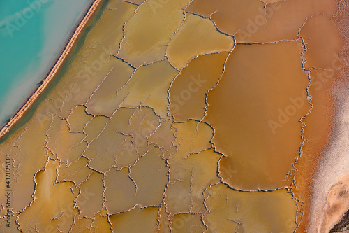 Cracking and drying sea water ponds of solar salt mine through sea water evaporation at Useless Loop in Western Australia