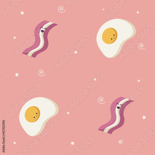Seamless pattern vector illustration of breakfast with fried eggs and bacon in kawaii doodle style on pink background. Flat design. Vector illustration