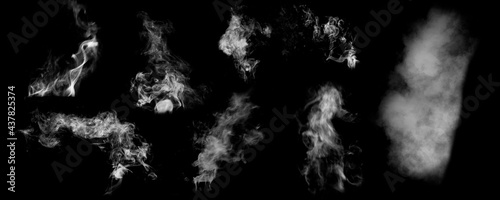 Light flowing smoke isolated on black background. Clouds on dark backdrop. Exploding white powder. Wide realistic illustration