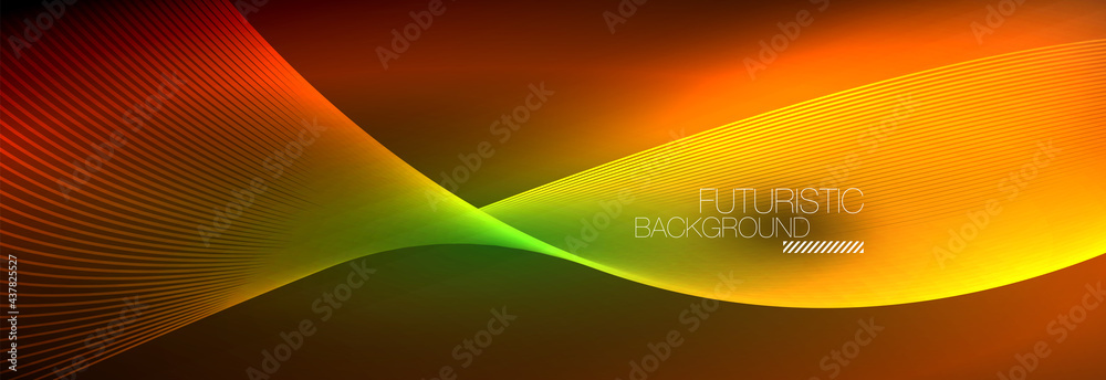 Abstract neon glowing light in the dark with waves. Shiny magic energy and motion concept, vector abstract wallpaper background Abstract neon glowing light in the dark with waves. Shiny magic energy and motion concept, vector abstract wallpaper background
