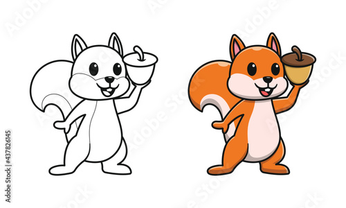 Cute squirrel carrying nuts cartoon coloring pages for kids © Three Light