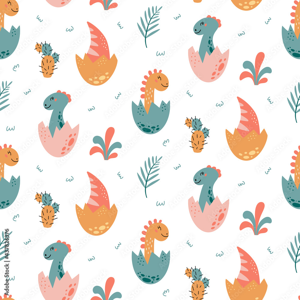 Obraz premium Dinosaurs vector Seamless pattern in cartoon style