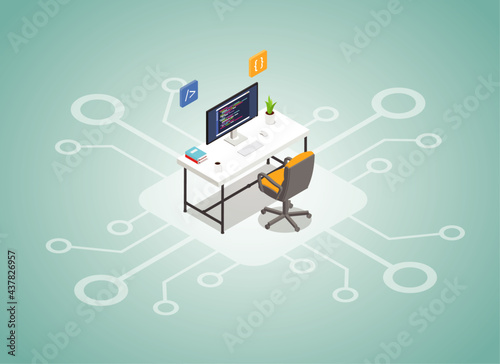 programming concept with workspace and network sign with modern flat isometric style