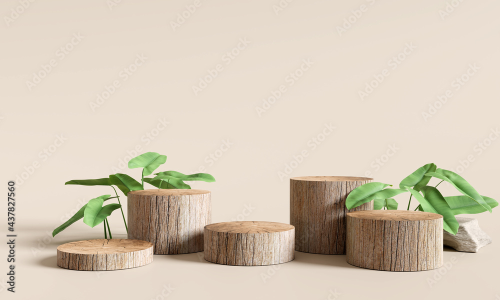Fototapeta Wooden product display podium with nature leaves on brown background. 3D rendering