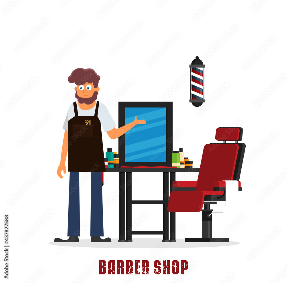 Young hipster man barber in barber shop. vector flat design illustration Young hipster man barber in barber shop. vector flat design illustration