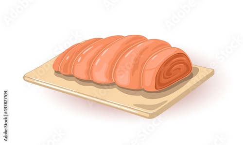Fresh meat cut, raw uncooked product wrapped in culinary thread. Vector nutritious and fat dish on wooden board. Home cooking design. Isolated on white background