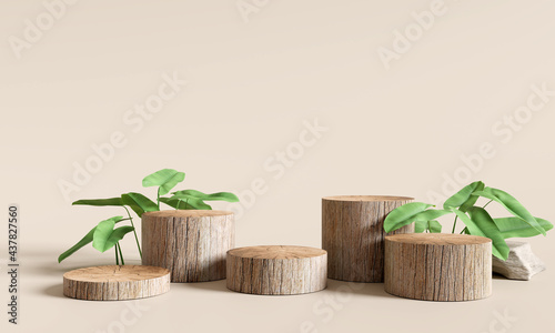 Fototapeta Naklejka Na Ścianę i Meble -  Wooden product display podium with nature leaves on brown background. 3D rendering