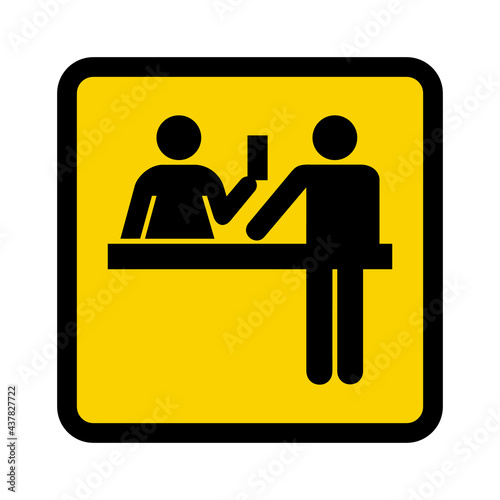 Ticket purchase sign. Vector illustration of man buying ticket at counter. Information for passenger. Symbol used at airport, bus station, train station.