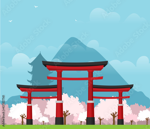 Japanese torii gate, national symbol, traditional structure, flat vector illustration. Flat style Japanese torii gate, national symbol, icon