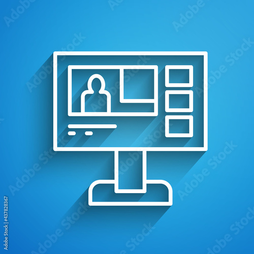 White line Television report icon isolated on blue background. TV news. Long shadow. Vector
