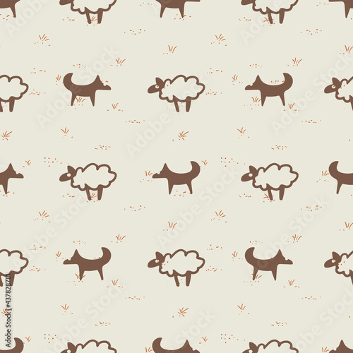 simple sheep and shepherd dogs seamless pattern
