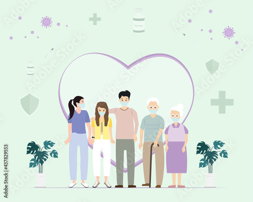 Family vaccination concept design. People get vaccinated to protect and enhance their immune health. Vector illustration.