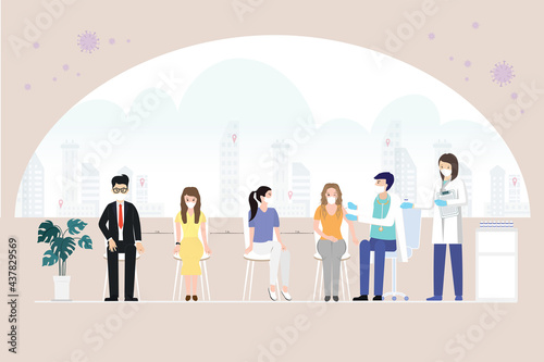 Vaccination of people concept. Doctor and nurse give a vaccine injection to woman. People are waiting in line to get vaccinated, immune heath.