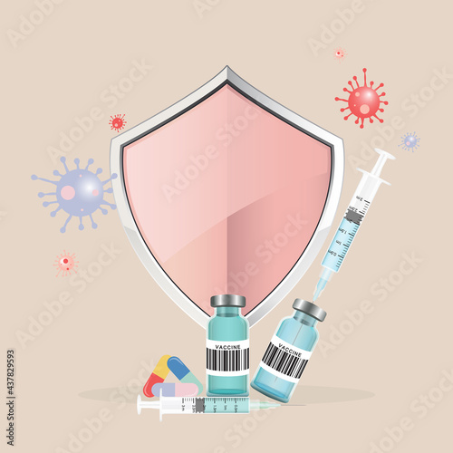 Vaccination concept. Immunization campaign.  Medicine and syringe with a vaccine bottle protection shield and virus. Medical treatment. Vector illustration.