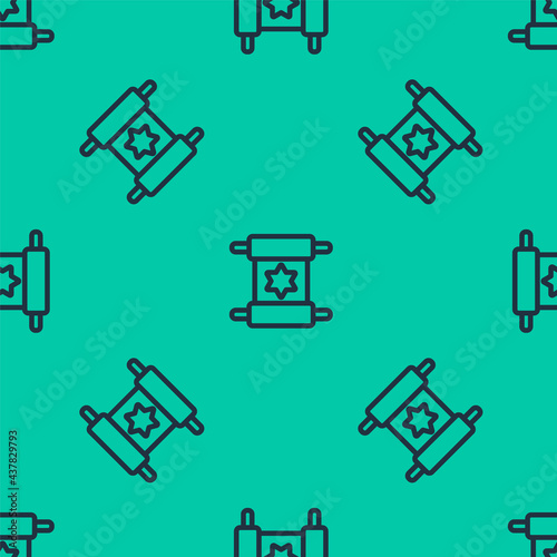Blue line Torah scroll icon isolated seamless pattern on green background. Jewish Torah in expanded form. Star of David symbol. Old parchment scroll. Vector