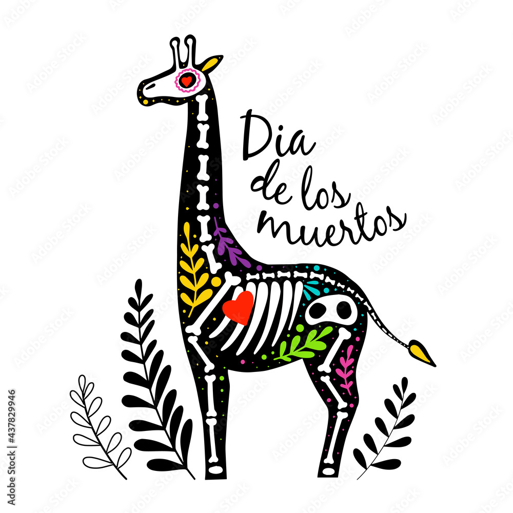 Fototapeta premium Vector colorful postcard with animal. Dia de los Muertos, Day of the dead or Halloween concept. Giraffe skeleton, with leaves, isolated on white background