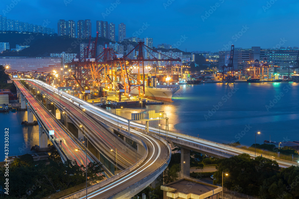 Cargo port and highway in Hong Kong city