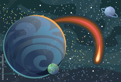 Cosmos background. Starry sky landscape. Planets and their satellites. A bright comet. Flat style. Cartoon design. Vector