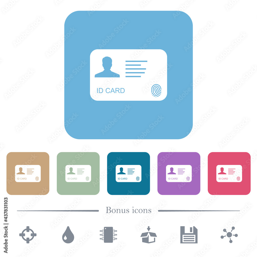 ID card with fingerprint flat icons on color rounded square backgrounds ID card with fingerprint flat icons on color rounded square backgrounds