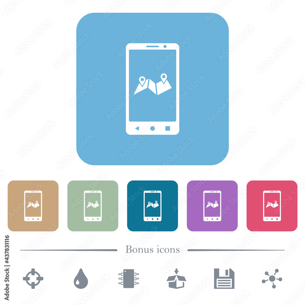 Mobile routing flat icons on color rounded square backgrounds Mobile routing flat icons on color rounded square backgrounds