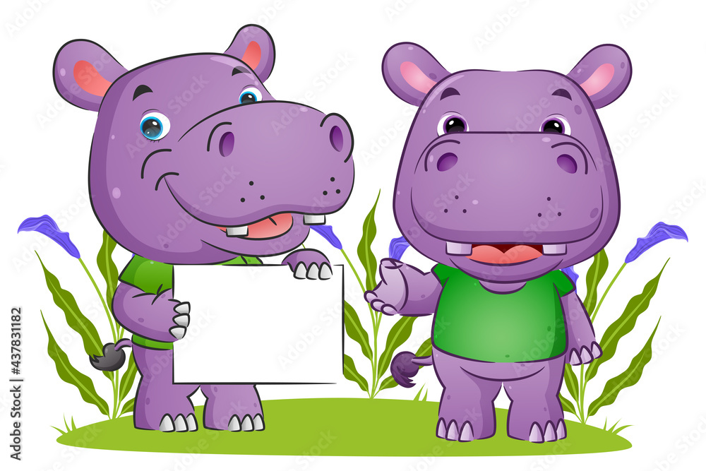 The couple of hippopotamus is holding a blank board and explaining the board The couple of hippopotamus is holding a blank board and explaining the board