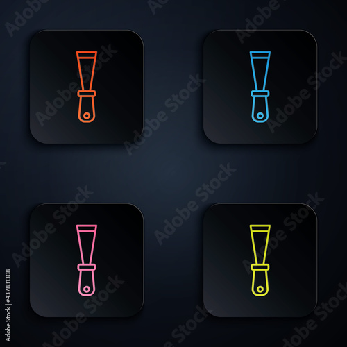 Color neon line Putty knife icon isolated on black background. Spatula repair tool. Spackling or paint instruments. Set icons in square buttons. Vector