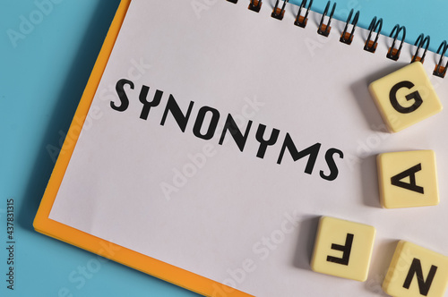Top view of square letters and notebook written with SYNONYMS