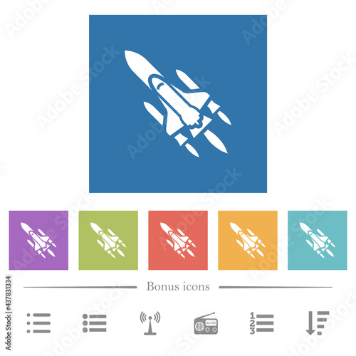 Space shuttle with launchers flat white icons in square backgrounds