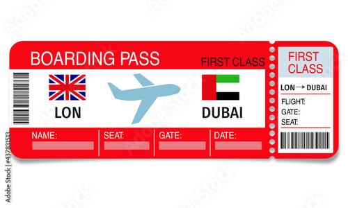 Airplane ticket. Boarding pass. Flight from London to Dubai 