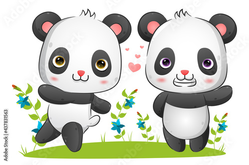 Fototapeta Naklejka Na Ścianę i Meble -  The couple of panda is running and playing in the park together
