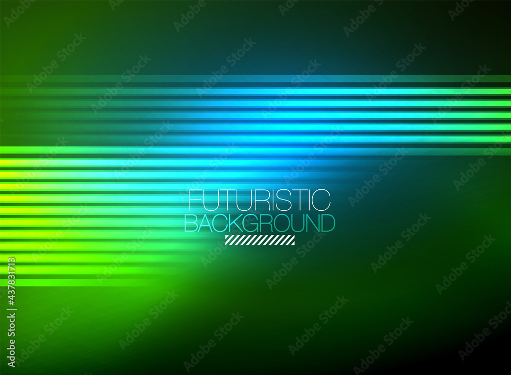 Bright neon color techno abstract background, shiny glowing neon lines in the dark background