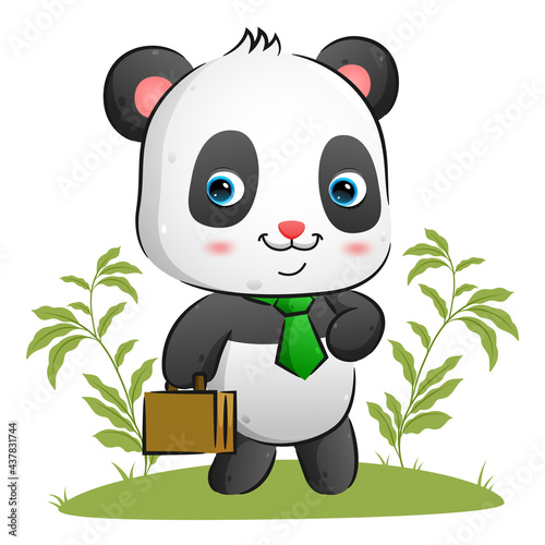 Fototapeta Naklejka Na Ścianę i Meble -  The tidy panda with the bright tie is holding a suite case and walking in the garden