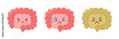 Happy healthy and sad sick kawaii characters of intestine. Set of gut characters. Abstract bowels. Vector illustration isolated on white background.
