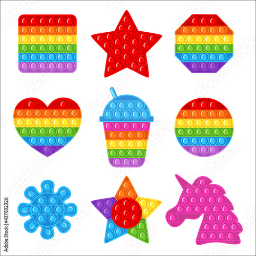 Trendy antistress sensory toy Pop it fidget set in flat style isolated on white background.