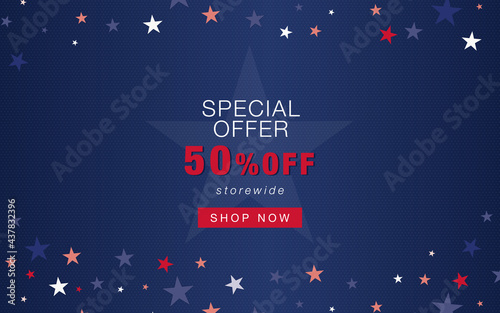 4th of July special offer online shop main page with dark navy background, stars and 50% off storewide announcement. Vector design  with national US patriotic symbols. photo