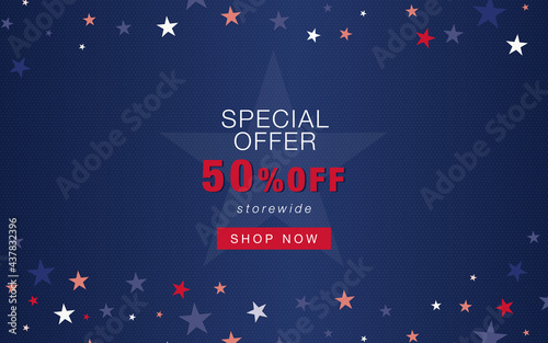 4th of July special offer online shop main page with dark navy background, stars and 50% off storewide announcement. Vector design  with national US patriotic symbols.