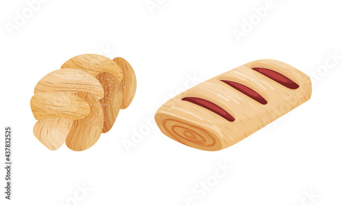 Buns as Sweet, Bread-based Roll Made from Flour and Yeast Vector Set