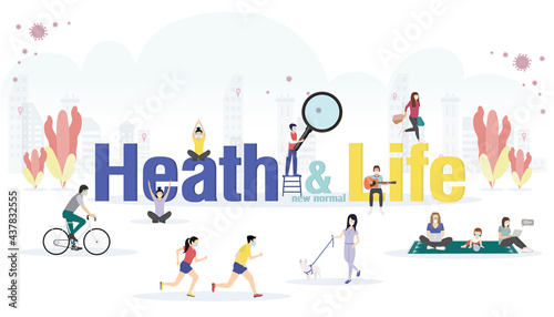 New normal health and life ideas concept with peoples doing activities with face mask prevention from disease outbreak. In flat big letters design. Vector illustration modern layout template.