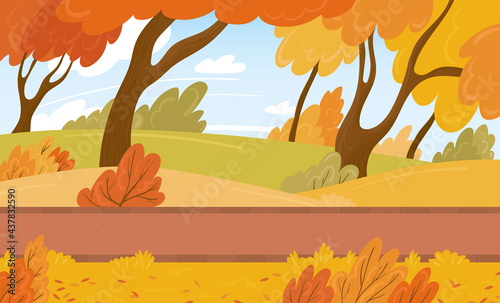 A bright autumn city park with a walking path among trees and bushes. Vector background with fallen leaves