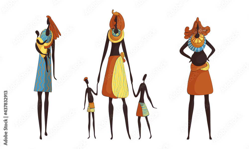 Slender African Woman Wearing Traditional Tribal Clothing and Necklace Carrying Baby Vector Set