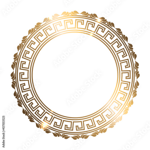 Greek pattern. Decorative golden round frame with ornamental. Template for cards, invitations, engraving, wood furniture, forging, etc. White background