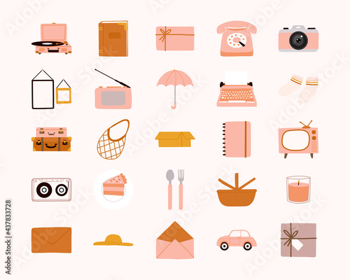 Collection of cute hand drawn vintage and retro doodle elements flat illustration